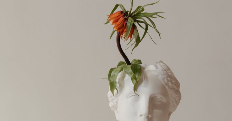 Ancient Roman Festivals - White Ceramic Woman With Orange Flower on Head Bust