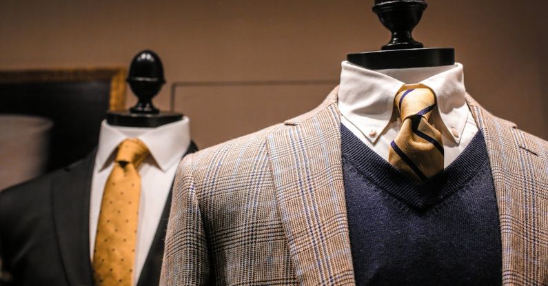 Exclusive Boutiques - Dandy fancy jackets with shiny ties on dummies in showroom of contemporary male shop